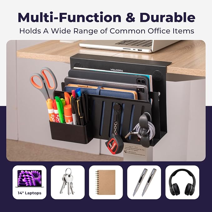 Volcora Side Storage, Under Laptop Holder, No Drill Organizer with Magnetic Pen Box, Cable Clamp, Hanging Organizer, Desk Mount File Holder for Office and Home, 2 Tier Black
