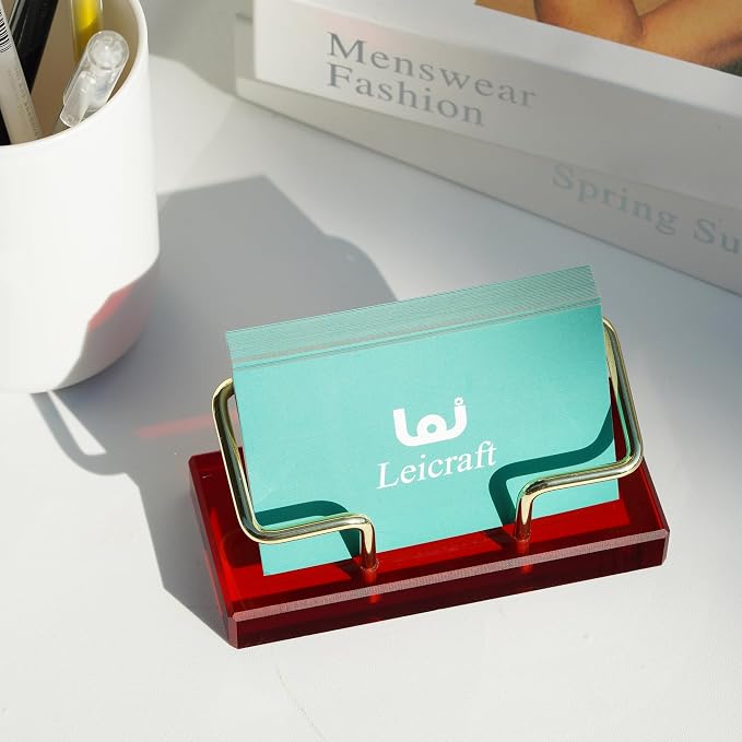 Business Card Holder for Desk, Modern Card Organizers and Office Desk Accessories for Men and Women (Red & Golden)
