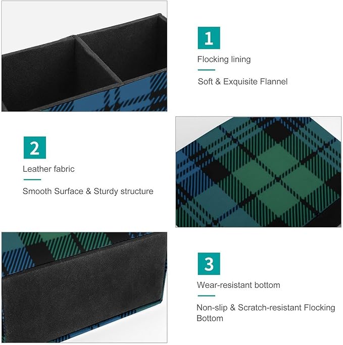 Green Blue Tartan PU Leather Pen Holder Desk Organizer, 2-Compartment Pencil Container for Office, Home, Vanity Use