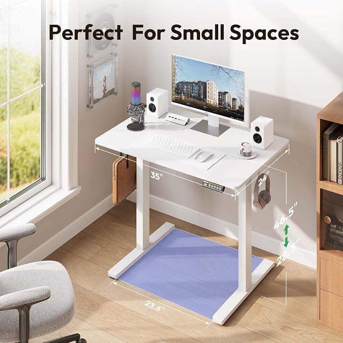 35 x 24 Inch Height Adjustable Standing Desk, 3 Presets, White | 35 x 24 in Desktop, 28.3–46.5 in Height, 2+3 Controls, ≤45 dB, 154 lb Capacity, 2 Hooks