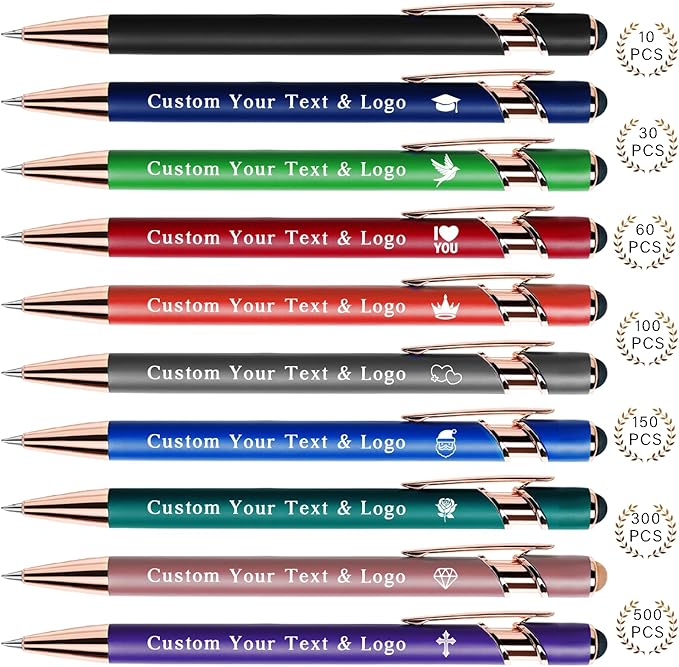 Bulk Custom Pens Personalized, Customized Pens with Name/Logo on Both Sides Gifts, Black Ink Engraved Ballpoint with Stylus, Ideal for Business, Birthday, Party, Wedding, School, Metal Material