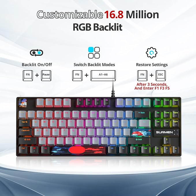 75 Percent Mechanical Gaming Keyboard, 87 Keys RGB Backlit Wired Keyboard TKL Compact Keyboard with Linear Red Switches for Laptop PC PS4 PS5 Xbox Gamer(87 Dolch)