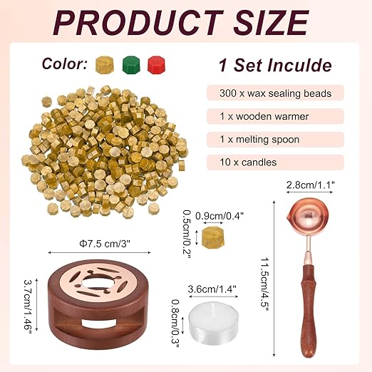 PATIKIL Wax Seal Kit, 300 Pcs Wax Sealing Beads, Wooden Warmer, Melted Spoon, 10 Pcs Tealight Candles for Envelope Letter Mailing Crafts DIY, Gold/Red/Pine Green