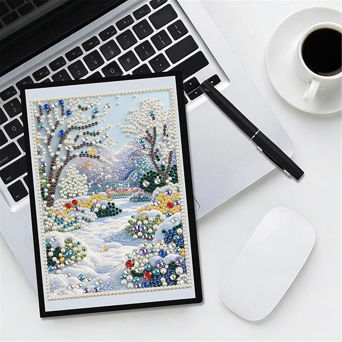 FRANDEK Pearl Painting Notebook Kit, Winter Forest A5 DIY Journal with 50 Blank Pages, Diamond Gem Art Cover with Waterproof Canvas, Beginner Craft Set with Full Tools for Adults