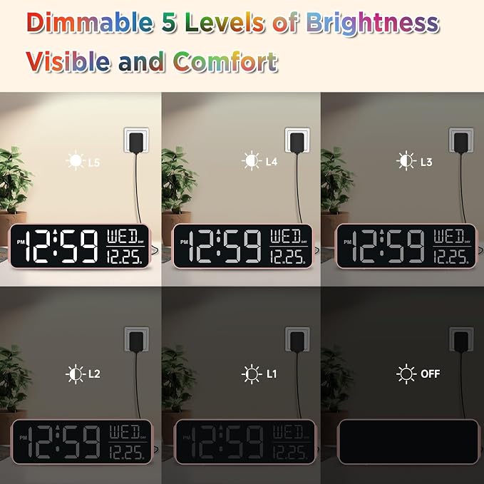 Peakeep Large Display Digital Alarm Clock for Bedroom with Date Day of Week | Colorful Calendar Desk Clocks for Living Room Office Kids, Dimmable Electric Clock Battery Backup, USB Port, Auto DST