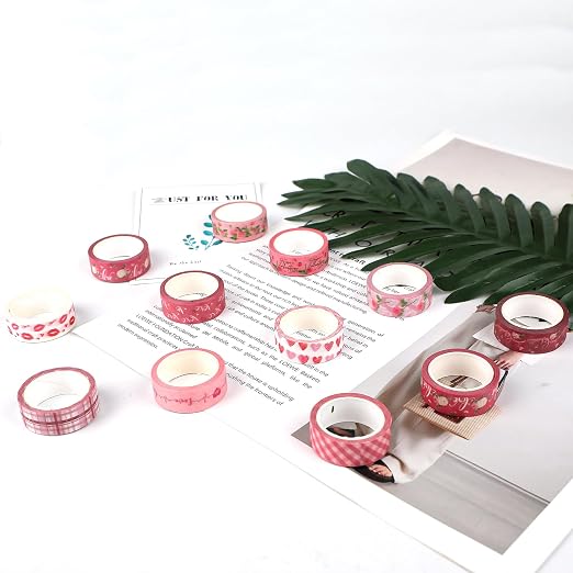 12 Rolls Pink Heart Washi Tape Set, Love Heart Cute Masking Tape Decorative Paper Tape for DIY Craft Wrapping Scrapbook Envelope Birthday Wedding Tea Party Decor,16.4FT