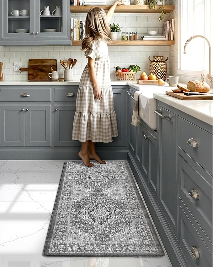 Color&Geometry Kitchen Floor Mat 24x59 Faded Vintage Anti Fatigue, Grey | 0.4in Cushion Standing Mat For Cooking/Working/Laundry, Boho Decor, Non Slip PVC Kitchen Rug, Oil/Water Proof, Anti Slip