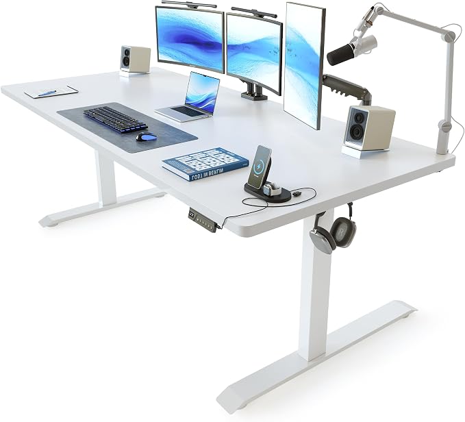 FEZIBO 63 x 37 Inch Standing Desk with Integrated Dual-Beam, Cable Management, 3 Memory Height Adjustable Computer Desk for Home Office Workstation, 1" Thick Large 3-Piece Desktop White
