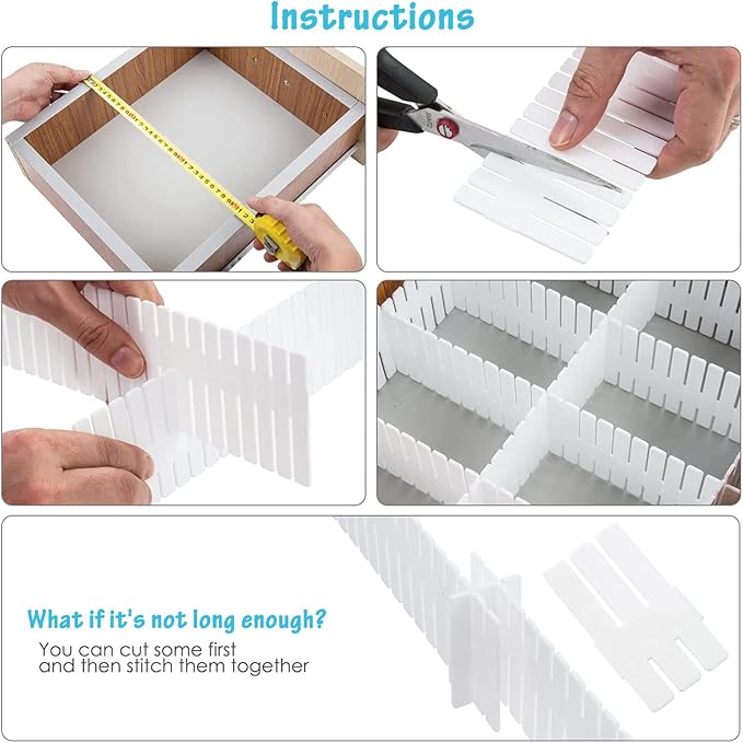 24 Pcs Drawer Divider Adjustable DIY Storage Organizer Separator for Tidying Clutter Cutlery Underwear Socks Clothes Dresses Desk & Box in Kitchen Bathroom Bedroom Office (Cut at Will)