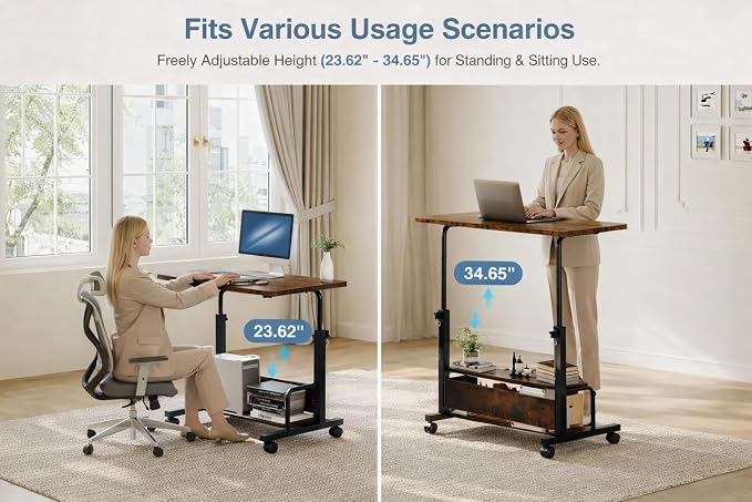 Simple Deluxe 31.5" Manual Standing Desk, Height Adjustable Mobile Computer Desk with Lockable Wheels & 2-Tier Storage, Rolling Laptop Table for Small Spaces & Home Office, Brown