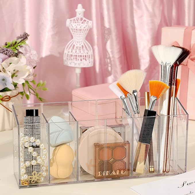 DECYOOL 1PCS Acrylic Organizers, Acrylic Makeup Brush Organizer 6 Compartments Pen Holders With Removable Dividers for Desk Accessories Cosmetic Storage Office Stationery Bathroom Kitchen Supplies