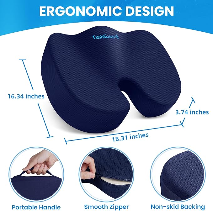 TushGuard Memory Foam Seat Cushion for Office Chair, Car Seat, Blue, XL | Office Chair Cushion for Car, Airplane - Chair Pad for Long Sitting Sciatica, Hip, Coccyx,Tailbone Pain Relief, Butt Pillow
