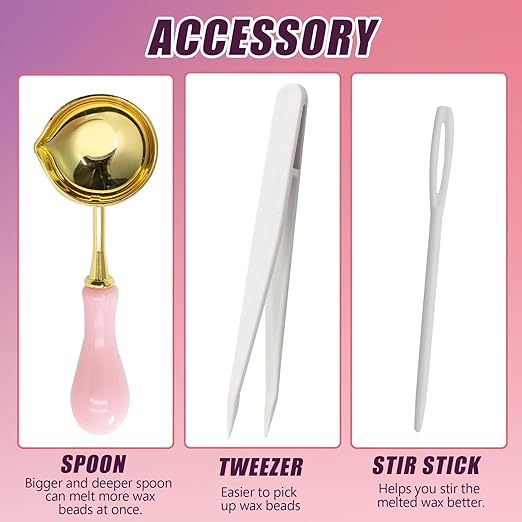 Electric Wax Warmer, Seal Melter Pink Electric Wax Seal Kit with Spoon, Tweezer and Stir Stick for Melting Beads and DIY