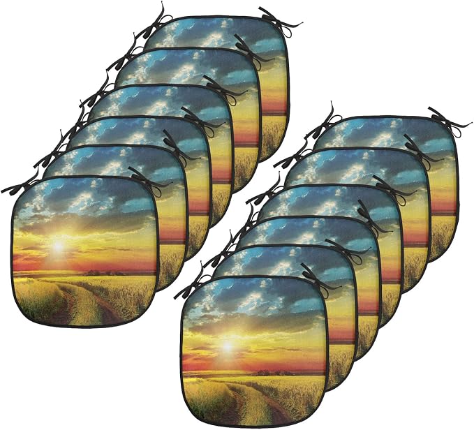 Lunarable Rural Chair Cushion Pads Set 12, Sunset Over Field Sun Bursting Through Colored Dramatic Clouds Scenic Picture, Anti-Slip Seat Padding for Kitchen & Patio, 16"x16", Orange and Yellow