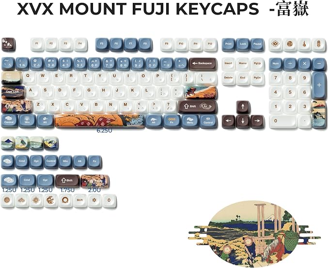 OHY XVX MOA Profile Keycaps Set, Japanese Mount FujiTheme 132 - Key White & Blue Custom Keycaps with PBT + Frosted Translucent PC Material for ANSI Layout Mechanical Keyboards- - Musashi Senju