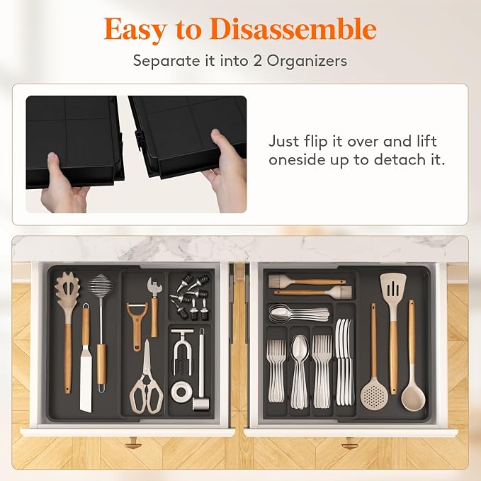 Lifewit Utensil Organizer for Kitchen Drawer, Expandable Cooking Tray | Adjustable Cutlery Flatware Holder, Plastic Silverware Spatula Tools Storage Divider, 21.3- 36 x 16.9", Black