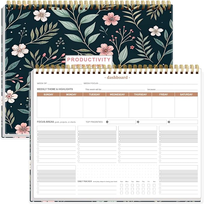 Weekly Productivity Planner - 8.5" x 11" Dashboard Desk Notepad Has 6 Focus Areas to List Tasks for Goals, Projects, Clients, Academic or Meal-Organize Your Daily Work Efficiently, 54 Weeks, Flower-D