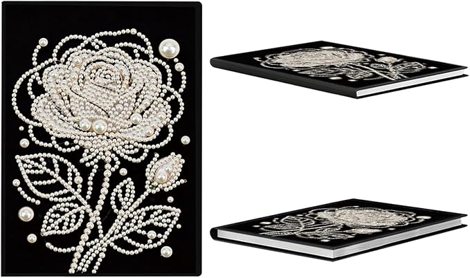 FRANDEK Pearl Painting Notebook Kit, Black and White Rose A5 DIY Journal with 50 Blank Pages, Diamond Gem Art Cover with Waterproof Canvas, Beginner Craft Set with Full Tools for Adults