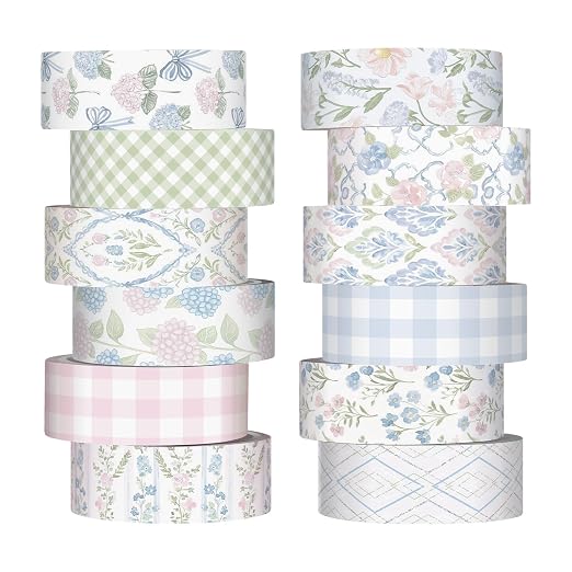 12 Rolls Watercolor Floral Washi Tape Set 15 mm Vintage Flower Decorative Masking Tape for Summer School Arts DIY Craft Scrapbook Journal Supplies Gifts(Pink and Blue,Flowers)