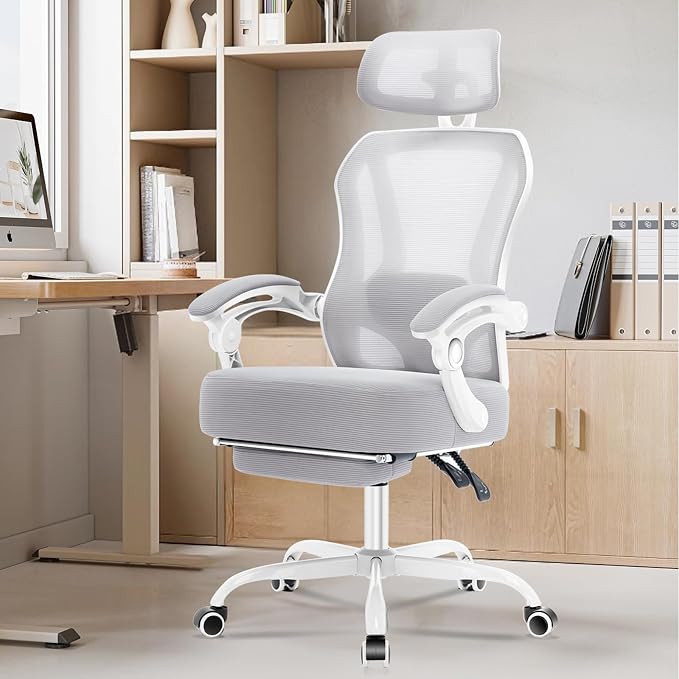 Ergonomic Office Chair with Footrest,Ultra Thick Desk Chair,Grey | 150°Reclining,Mesh High Back,Adjustable 2D Lumbar Support and Headrest,4.8" Spring Cushion,Premium Computer Chair for Adults