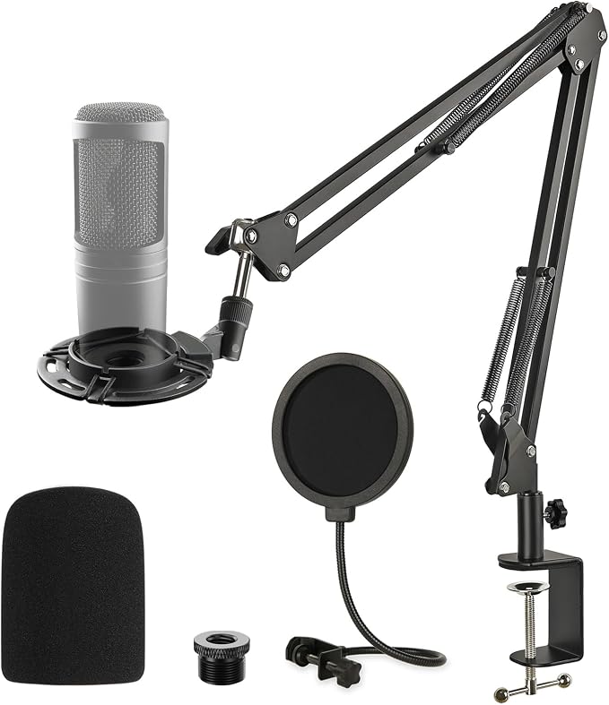 Audio Technica AT2020 Mic Stand, AT2020 Mic Boom Arm Suspension Scissor Stand with Shock Mount, Pop Filter, Upgraded Heavy Duty Clamp for AT2020 AT2020USB+ AT2035 Condenser Studio Mic