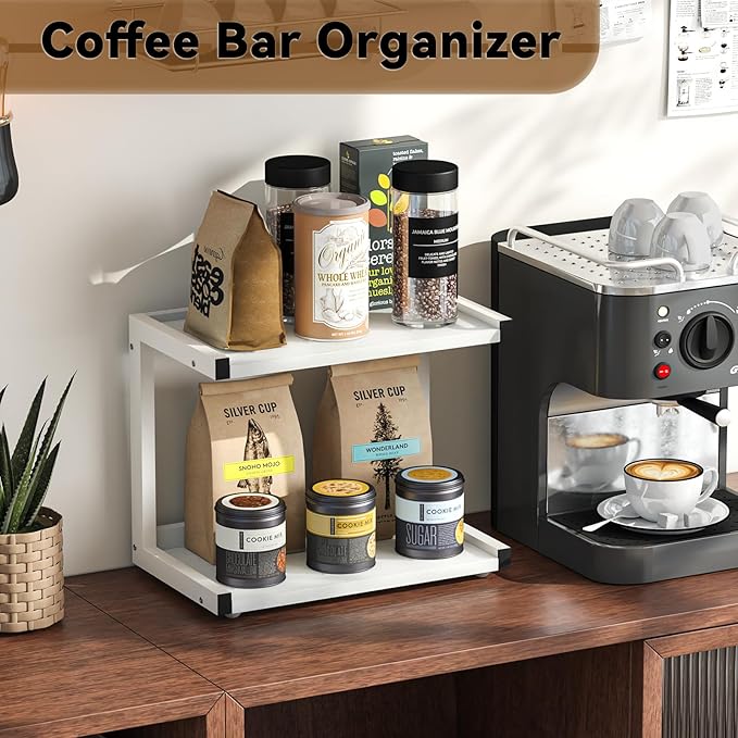 MARTY Kitchen Counter Shelf Organizer, 2 Tier Coffee Station/Bar Organizer | Spice Rack for Countertop, Mugs Cups, Desk Shelf Riser, Bathroom Counter Organizer, Wood+Metal, White