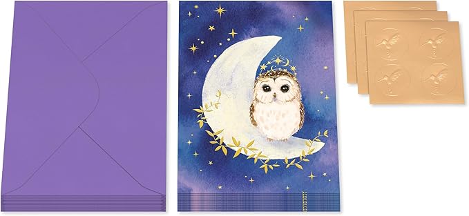 Papyrus 12-Count All Occasion Blank Stationery Notes, Celestial Owl Watercolor