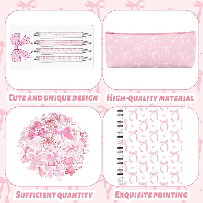 Pink Bow Stationery Gift Coquette School Supplies Set Include Pens Aesthetic Journal Notebook Pencil Case and Stickers Pink Bow Preppy Back to School Supplies for Girl Students