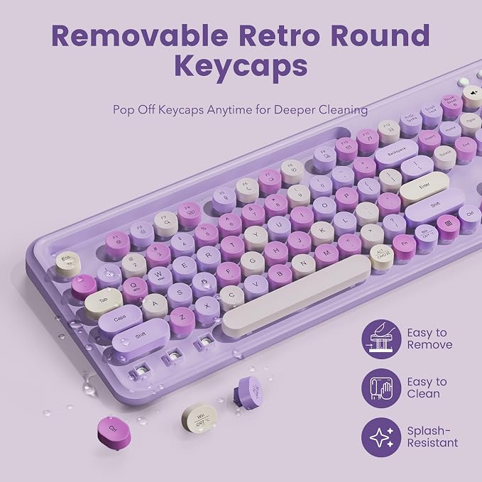 Wireless Keyboard and Mouse Combo, Retro Round Keycaps, Full-Size Stylish Typewriter Keyboard with Large Phone/Tablet Holder, 3-Level DPI Ergonomic Mouse, 2.4GHz Cordless for Windows PC, Lavender Mist