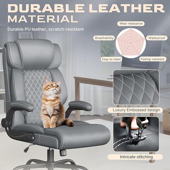 Office Chair-Executive High Back Breathable Comfy Desk Chair with Flip-up Armrests Lumbar Support-Ergonomic Leather Rolling Swivel Chair with Rock Function for Working,2 Pack