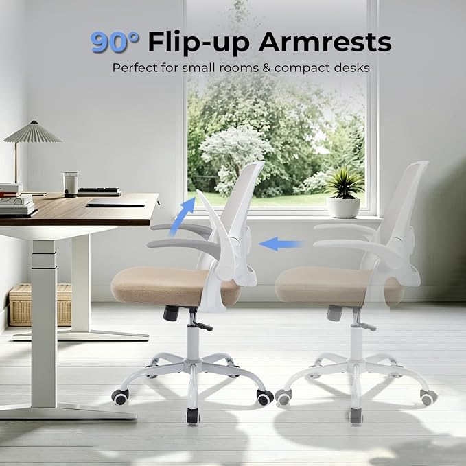 Ergonomic Mesh Office Chair for Home Office, Flip-Up Arms, Breathable Mesh Back & Thick Seat Cushion, Swivel Rolling Computer Desk Chair – BIFMA Certified, Supports 300 lbs (White Frame/Beige Seat)
