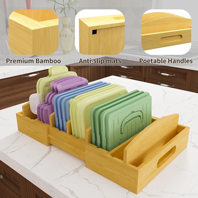Lid Organizer for Cabinet – Bamboo Kitchen Storage for Plastic Lids, Adjustable Drawer Dividers, Food Container Organizer (Fits Cabinets & Drawers) (Large)