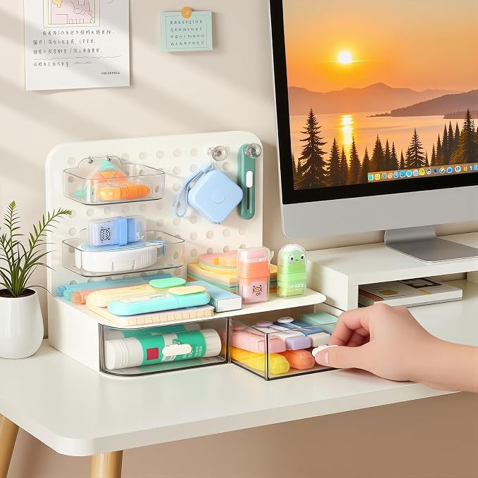 LETURE Desktop Stationery Organizer Storage with 3 Drawers, Plastic Desk Organization Holder with Pegboard Shelf & Adjustable Compartments for Stationery Office Supplies Makeup Accessories (White)