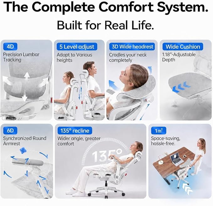 SIHOO B300 PRO Ergonomic Office Chair, High Back Mesh Computer Chair with Wide Headrest, 6D Flip-Up Rotatable Armrests, Adaptive Lumbar Support, 135° Reclining Home Office Desk Chair, Soft White