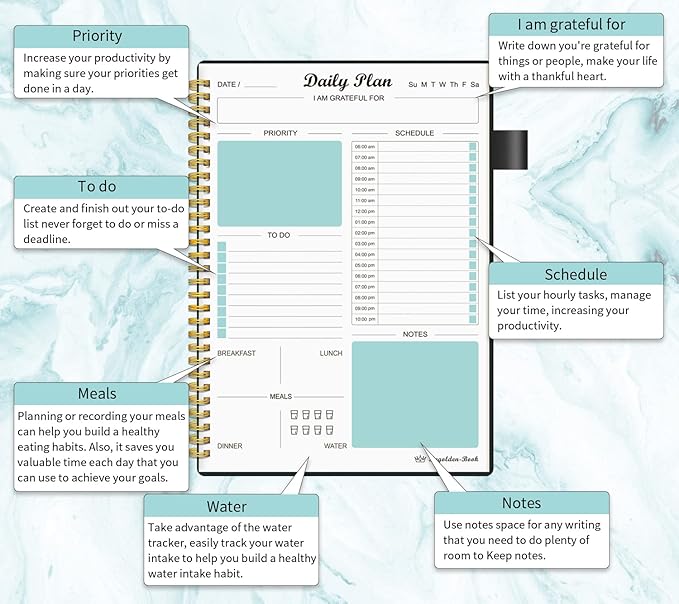 Daily Planner Undated, To Do List Notebook with Hourly Schedule Regolden-Book Calendars Meal, Spiral Appointment Organizers Notebook for Man/Women, Pocket,Pen Loop, 160 Pages (7x10")
