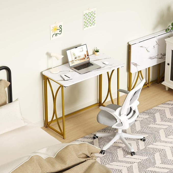 Folding Desk, 31.5" Small Desk for Bedroom, Space Saving Foldable Computer Desk for Home Office, Easy Assembly, White and Gold