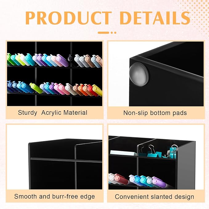 MotiMind Acrylic Pen Organizer Storage for 150 Markers Vertical Marker Organizer Acrylic Pen Display Holder for Office Desk Desktop Stationery Pencil Storage, Black, 10.2 x 4 x 9.8 Inch