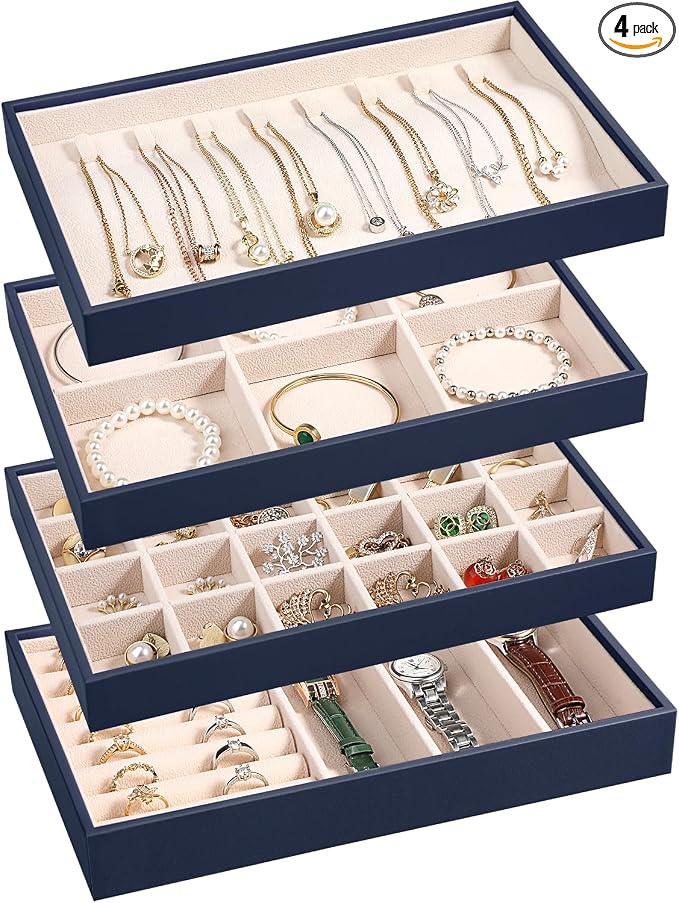 LANDICI Stackable Jewelry Organizer Trays 4 Set,PU Leather Jewelry Organizer Drawer,Jewelry Storage Display Tray for Earring Necklace Rings Bracelet with Removable Dividers,Dark Blue