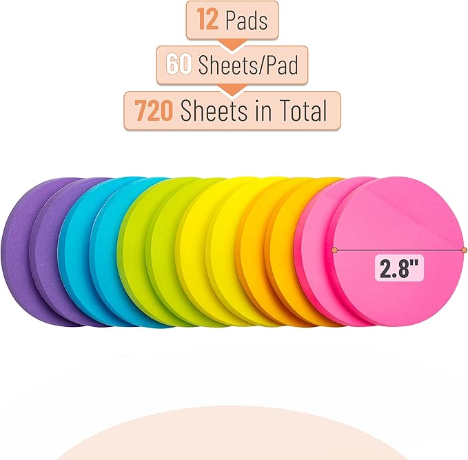 Mr. Pen- Round Sticky Notes, 12 Pads, 720 Sheets, 2.8" x 2.8" Colorful Sticky Notes Bulk (Pack of 2)