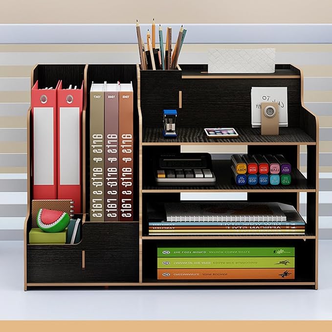 Bamboo Desk Organizer, Desktop Wood Bookshelf File Organizer, Pen Holder and Tissue Holder, 1 Drawer with lock for Office, Home, Need to Install (Light black)