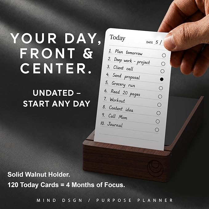 Daily Planner To Do List Notepad - Checklist & Goal Cards for ADHD Focus - Walnut Display + Planner Cards