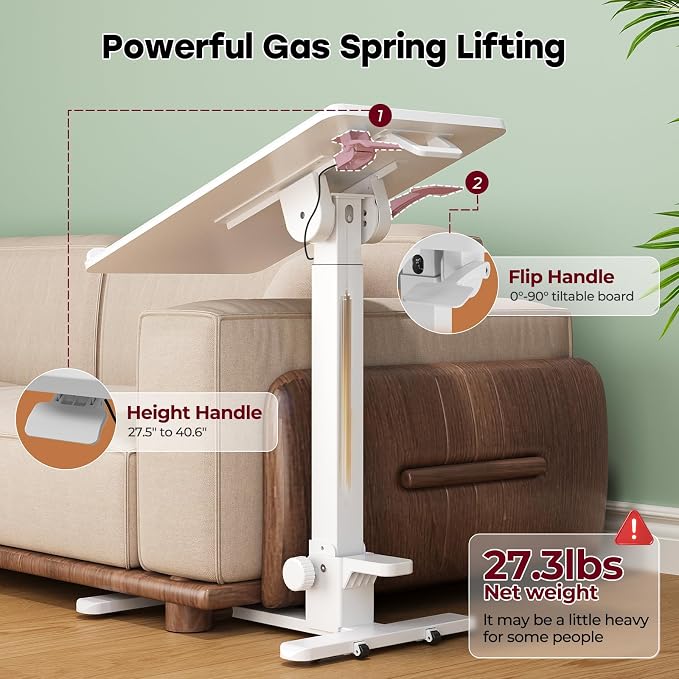 Foldable Mobile Standing Desk, 27 Inch Small Rolling Laptop Cart Height Adjustment, 90° Tiltable Bedside Table, No Assembly Needed Portable Computer Workstation, White