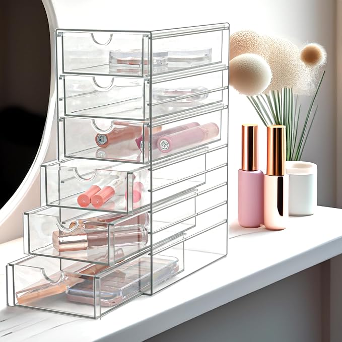 Clear Drawer Organizer, Transparent Plastic Storage Drawers, Hair Accessaries Organizer Case Display Stand, Acrylic Organizers for Organizing Eyeglass, Hair Ties, Accessories (Large - 6-Drawer)