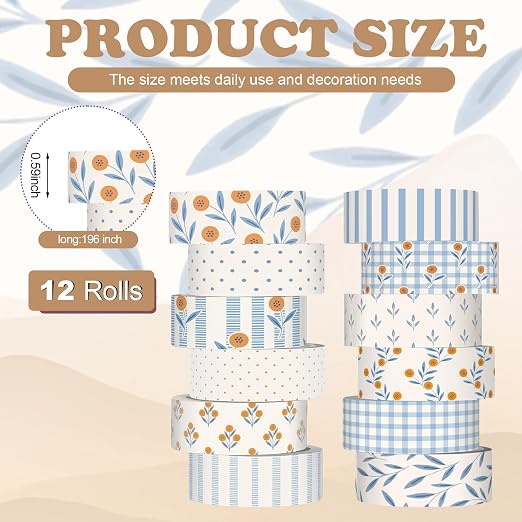 12 Rolls Watercolor Floral Washi Tape Set 15 mm Vintage Flower Decorative Masking Tape for Summer School Arts DIY Craft Scrapbook Journal Supplies Gifts(Beige and Blue,Floral Plaid)
