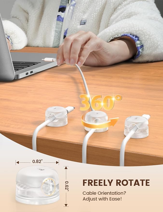 Lamicall 6Pack Clear Rotatable Cord Organizer - [1s Lock] Cable Clips Phone Charger Cord Holder, Desk Cable Management, Adhesive Wire Organizer for Nightstand, Office Accessories, Room Christmas Decor