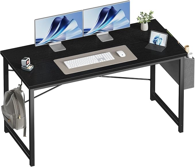 OLIXIS 55 Inch Computer Desk for Home Office, Writing Study Craft Gaming Table, Modern Computer Workstation with Storage Bag and Headphone Hook for Bedroom Small Spaces, Black