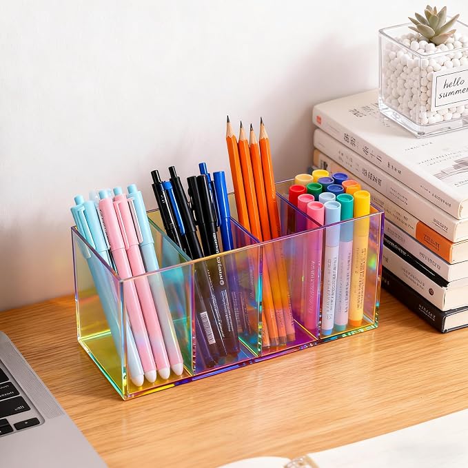 Pen Holder for Desk Neon Acrylic Pencil Holder Cup Makeup Brush Storage Organizer for Vanity, Iridescent
