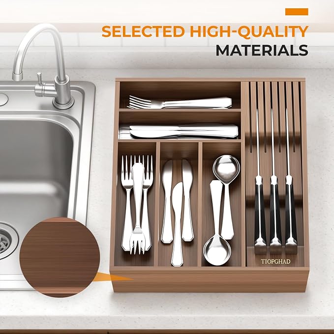 Small Bamboo Silverware Organizer Kitchen Utensil Tray, Brown | Removable Knife Block, Holds 7 Knives, Adjustable Dividers, 15.6 x 12 x 1.8 in, Drawer Insert for Utensils, Forks