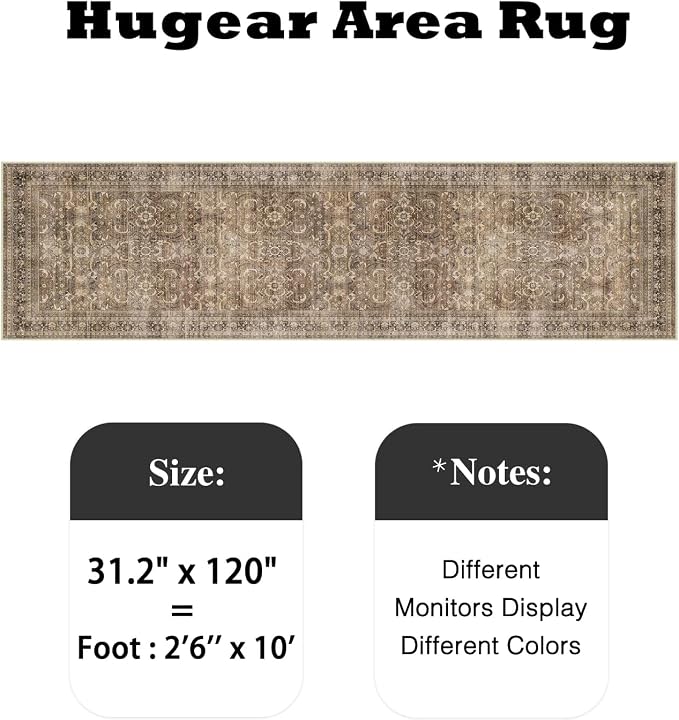 HUGEAR 2'6''x10' Runner Rug Hallway Vintage Brown Machine Washable Retro Floral Low Pile Carpet Distressed Long Throw Rug Bedroom Kitchen Laundry Non Slip Soft Lightweight