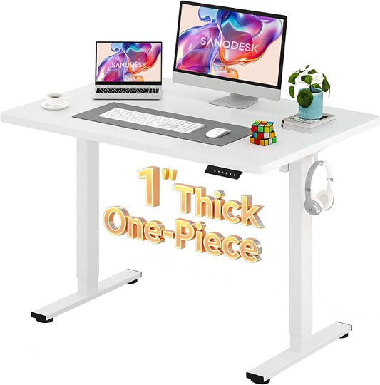 SANODESK Electric Standing Desk 48 x 30 Inches Whole-Piece Desktop Height Adjustable Stand Up Desk w/6-Button Controller Ergonomic Computer Desk for Home Office, White Frame + White Tabletop